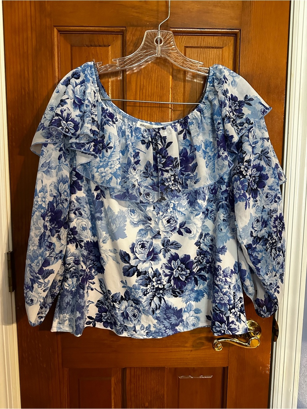 Perseption Blue Floral Off-Shoulder Ruffle Blouse